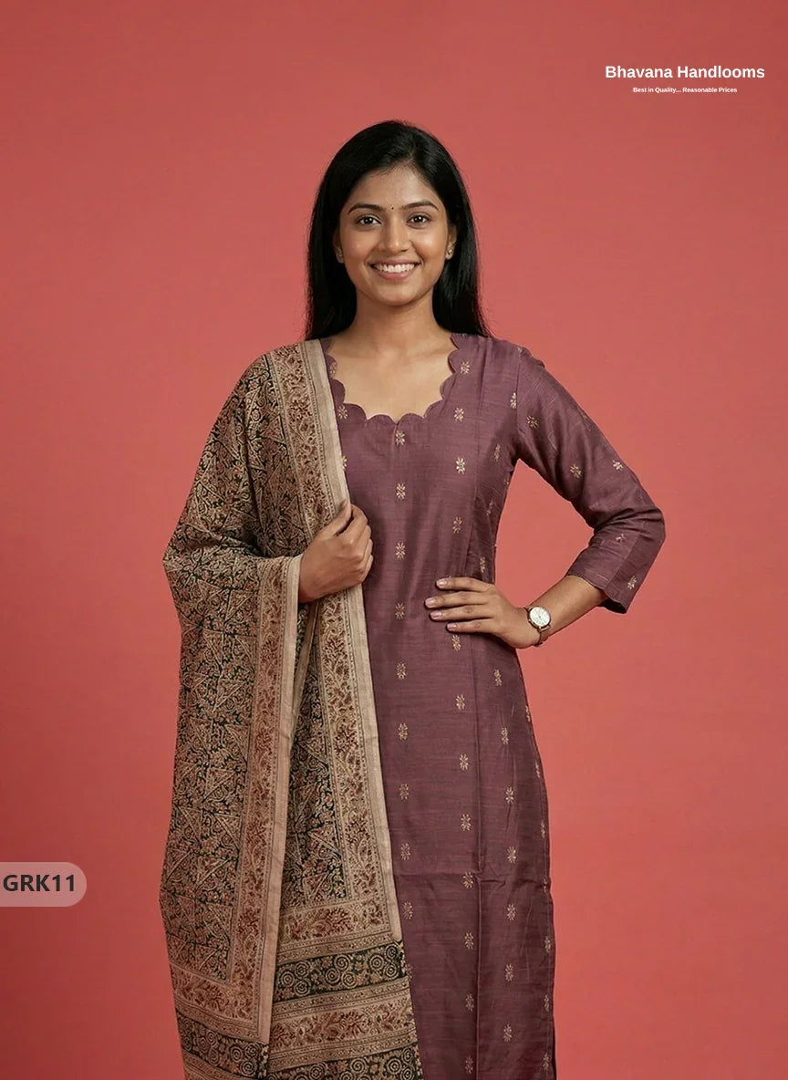 Raw Silk 3PC Kurti Set with Kalamkari Dupatta & Elastic Bottom in Dark Onion Pink Colour | Ethnic Wear