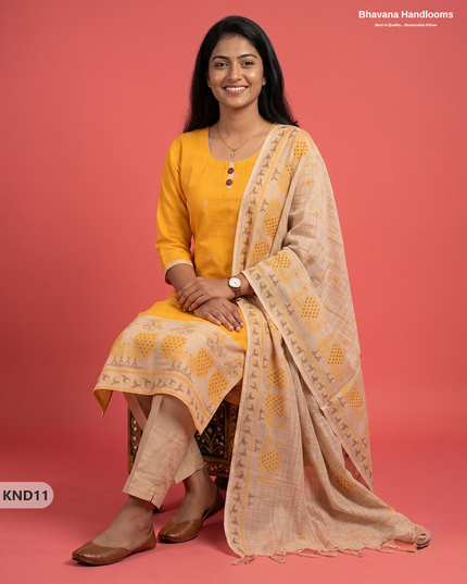 Designer Printed Cotton Floral 3PC Kurti Set in Mustard Yellow Colour | Full-Length Lining | Ready-to-Wear