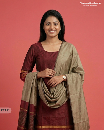 Pochampally Semi Pattu 3PC Kurti Set in Maroon Colour | Ready-to-Wear Ethnic Wear