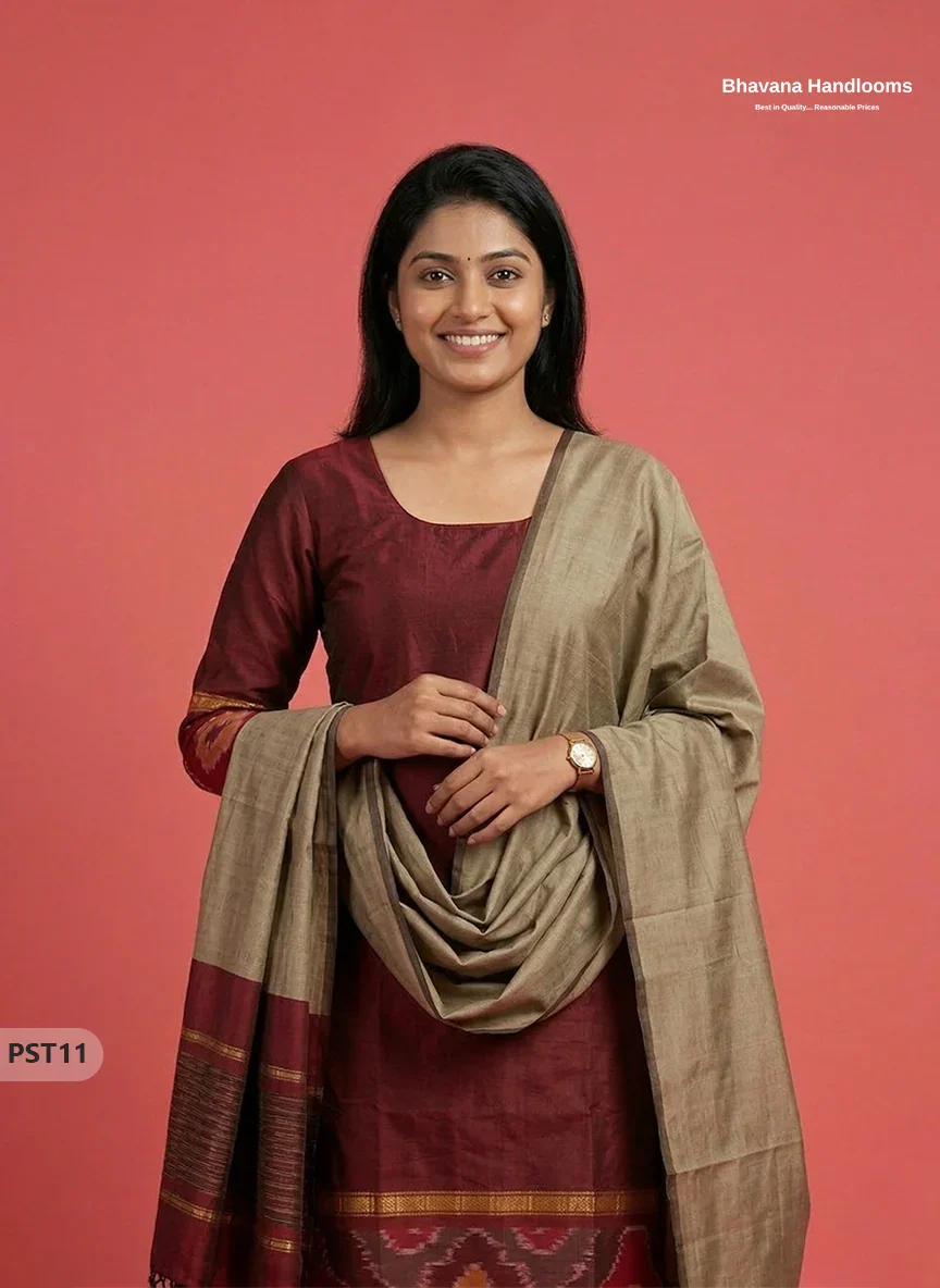 Pochampally Semi Pattu 3PC Kurti Set in Maroon Colour | Ready-to-Wear Ethnic Wear