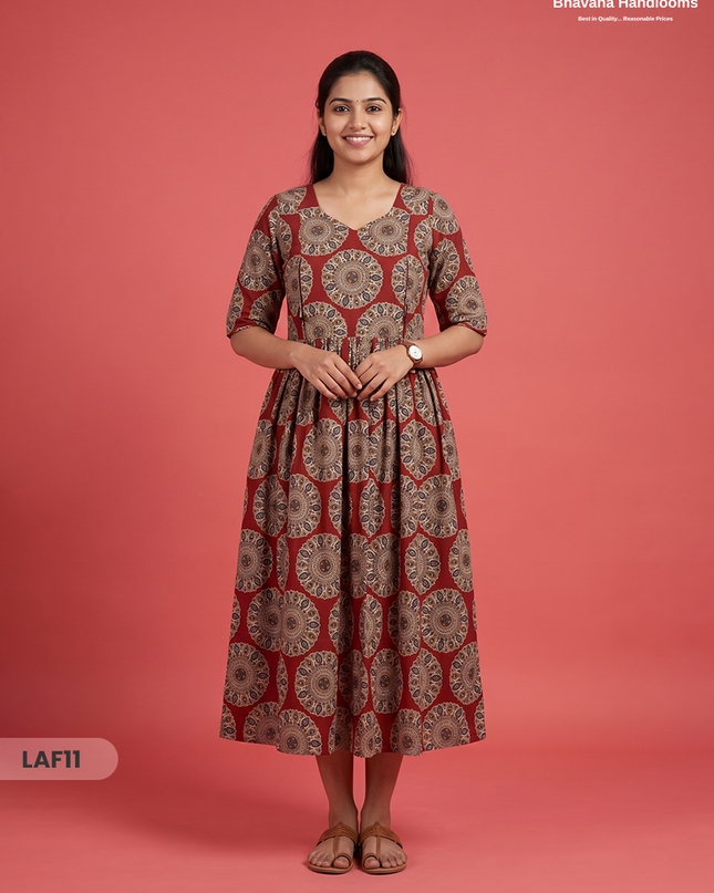 Feeding Frock with Kalamkari Design – Red Color | Invisible Zips | Half Lining Maternity Wear