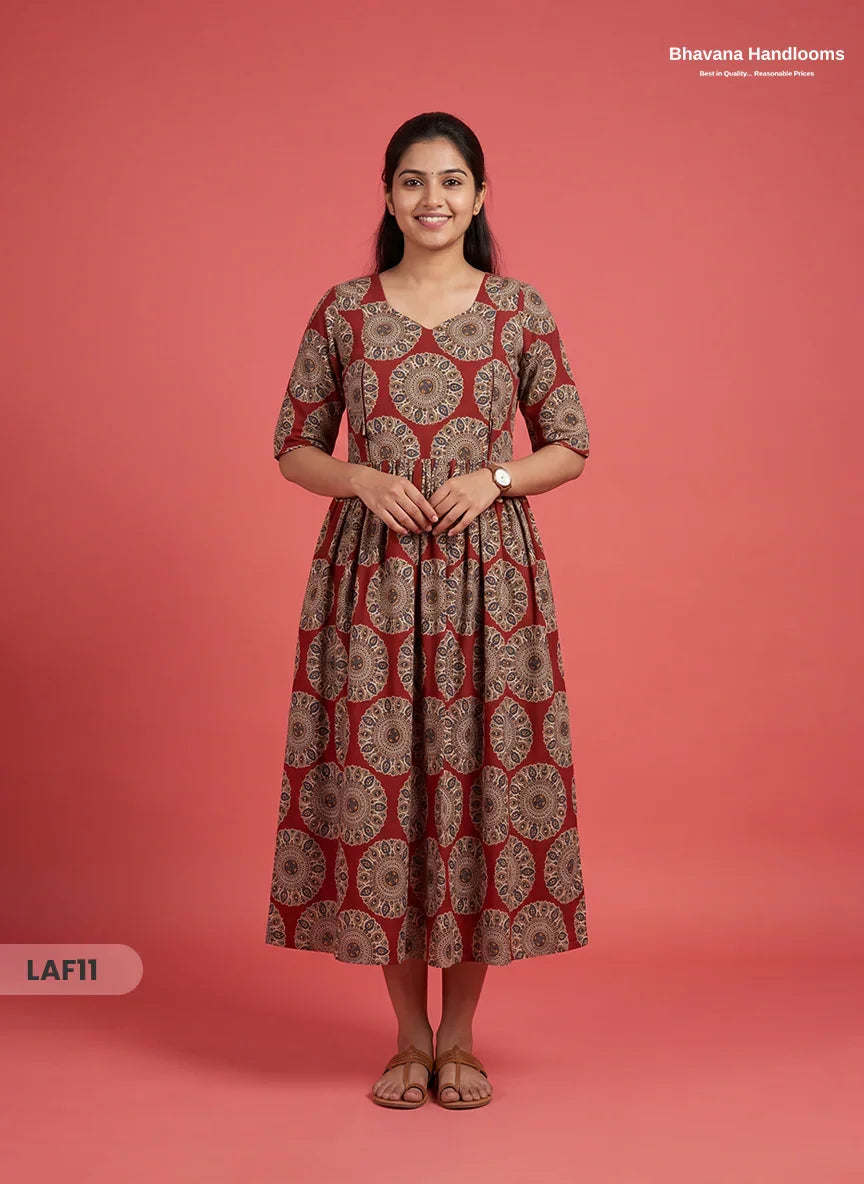 Feeding Frock with Kalamkari Design – Red Color | Invisible Zips | Half Lining Maternity Wear