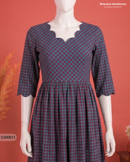 Handloom Cotton Frock in Teal & Wine Red Checks with Stylish Neck Cut Work | Soft & Comfortable