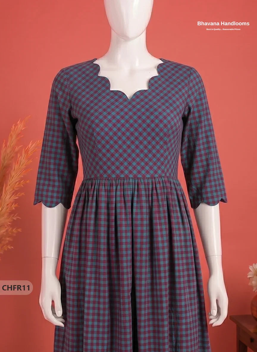 Mangalagiri Cotton Frock in Teal & Wine Red Checks with Stylish Neck Cut Work | Soft & Comfortable