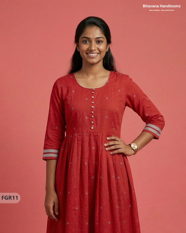 Summer Special Premium Cotton Handloom Frock with Woven Design | Red Colour