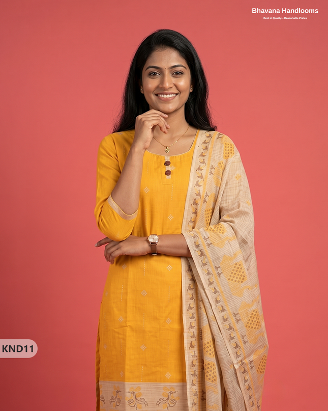 Designer Printed Cotton Floral 3PC Kurti Set in Mustard Yellow Colour | Full-Length Lining | Ready-to-Wear