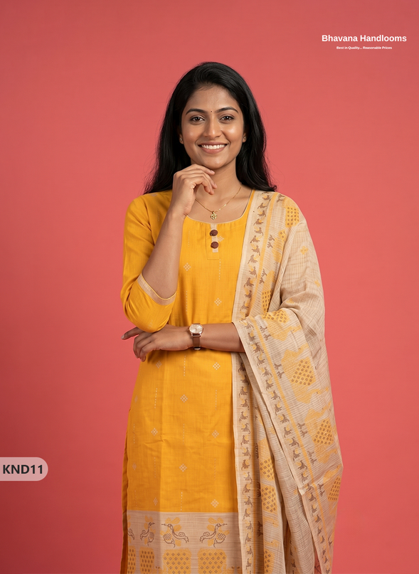 Designer Printed Cotton Floral 3PC Kurti Set in Mustard Yellow Colour | Full-Length Lining | Ready-to-Wear