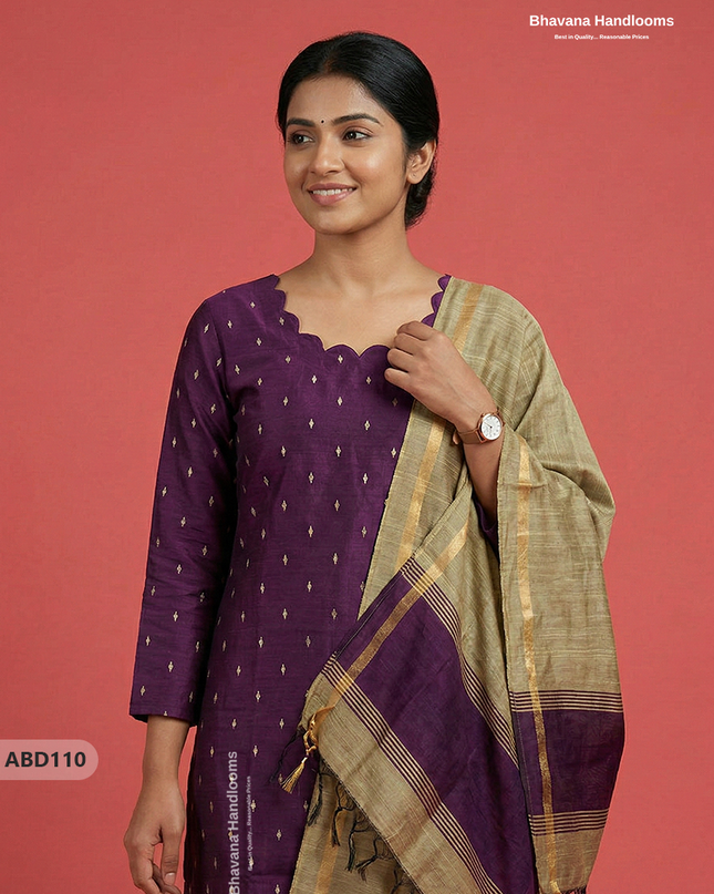 Raw Silk 3-Piece Kurti Set with Cut Work Neck Design in Purple Colour | Full-Length Lined Kurti with Gold Dupatta
