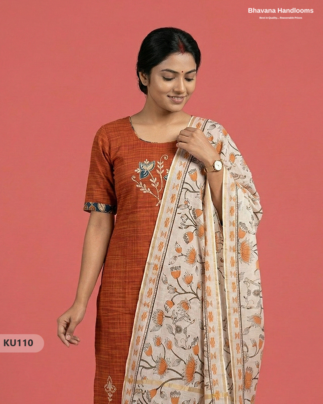 Embroidered Kurti Set (3PC) with Orange | Full Length Lining | Traditional Style
