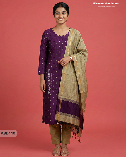 Raw Silk 3-Piece Kurti Set with Cut Work Neck Design in Purple Colour | Full-Length Lined Kurti with Gold Dupatta
