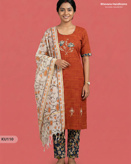 Embroidered Kurti Set (3PC) with Orange | Full Length Lining | Traditional Style