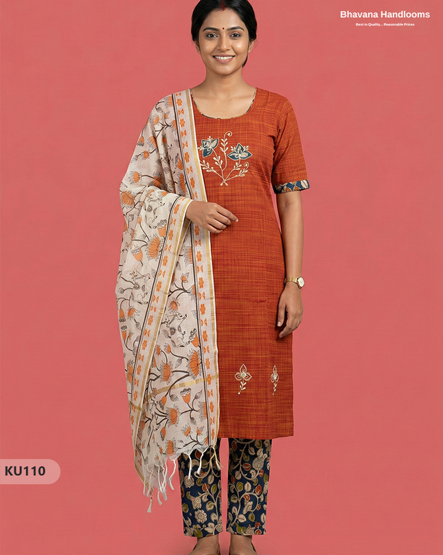 Embroidered Kurti Set (3PC) with Orange | Full Length Lining | Traditional Style