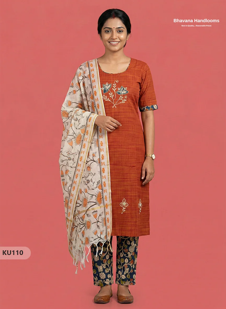 Embroidered Kurti Set (3PC) with Orange | Full Length Lining | Traditional Style