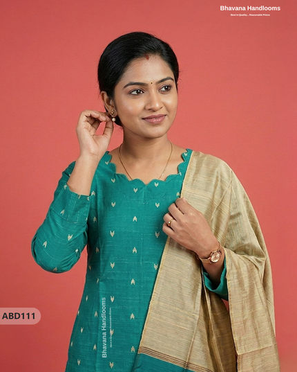 Raw Silk 3-Piece Kurti Set with Cut Work Neck Design in Green Colour | Full-Length Lined Kurti with Gold Dupatta