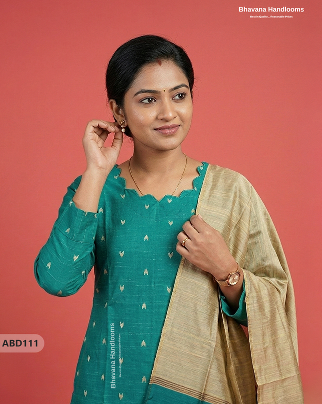 Raw Silk 3-Piece Kurti Set with Cut Work Neck Design in Green Colour | Full-Length Lined Kurti with Gold Dupatta