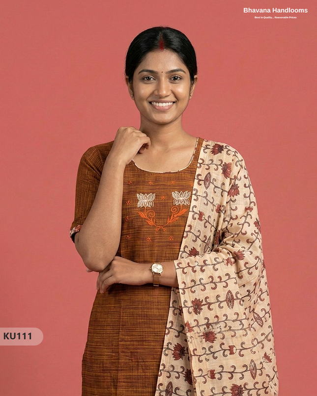 Embroidered Kurti Set (3PC) with Brown | Full Length Lining | Traditional Style