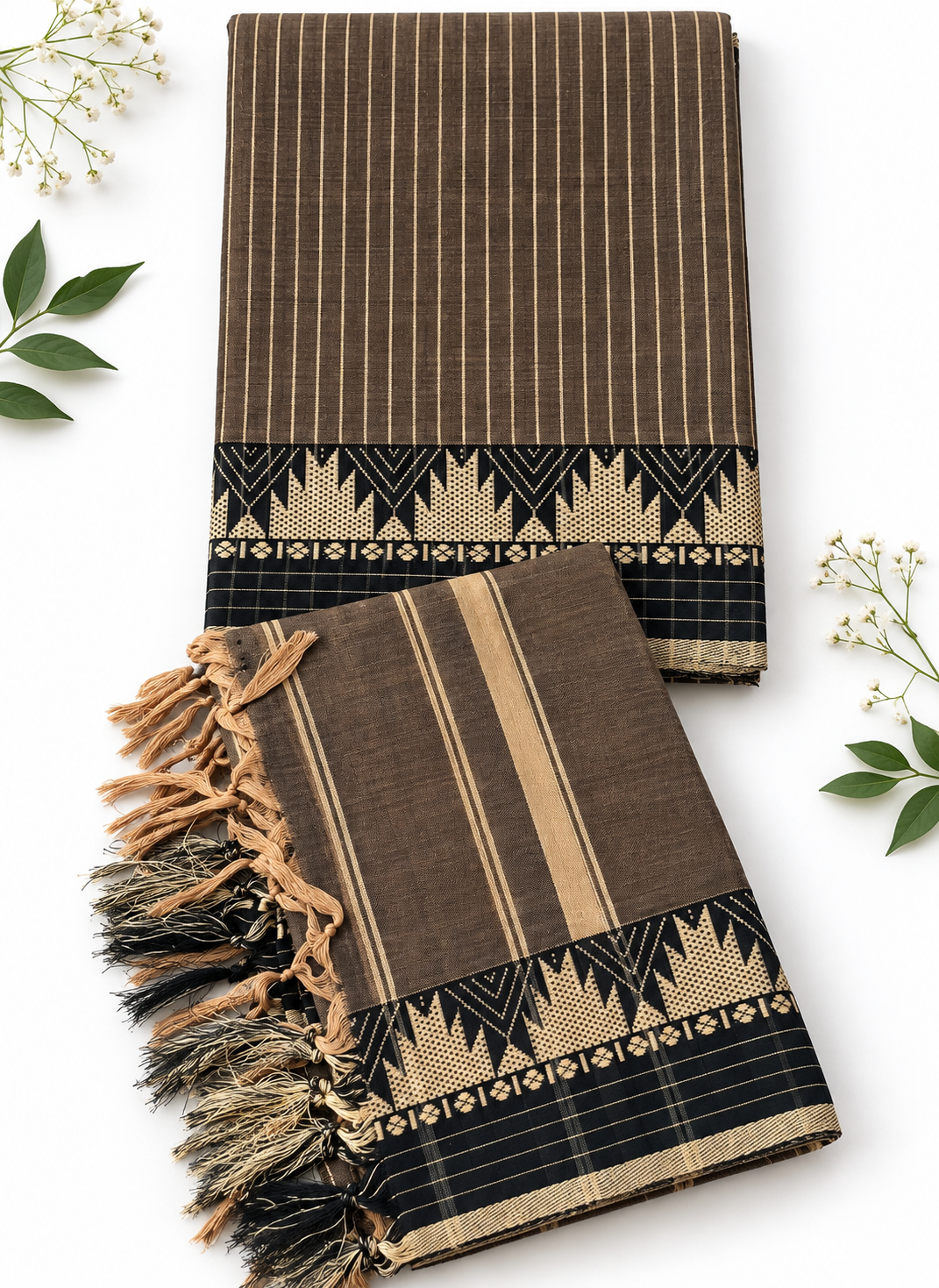 Traditional Narayanpet Mercerised Cotton Dress Material in Coffee Brown | Black & Gold Woven Border
