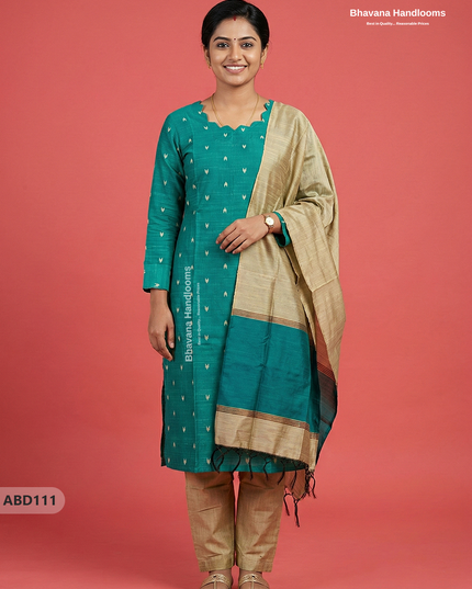 Raw Silk 3-Piece Kurti Set with Cut Work Neck Design in Green Colour | Full-Length Lined Kurti with Gold Dupatta