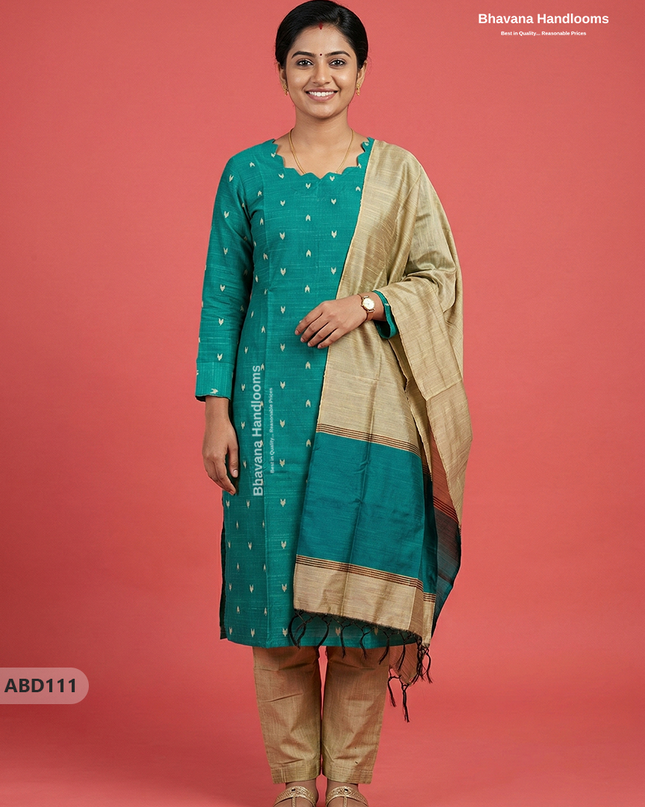Raw Silk 3-Piece Kurti Set with Cut Work Neck Design in Green Colour | Full-Length Lined Kurti with Gold Dupatta