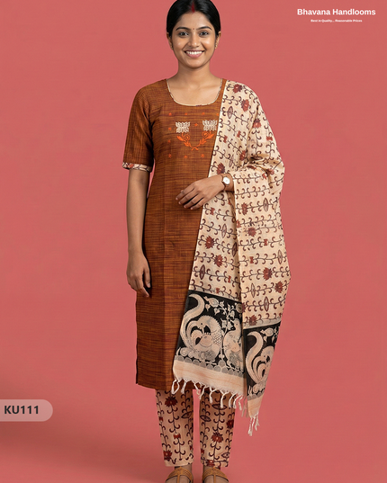 Embroidered Kurti Set (3PC) with Brown | Full Length Lining | Traditional Style