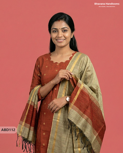 Raw Silk 3-Piece Kurti Set with Cut Work Neck Design in Orange Colour | Full-Length Lined Kurti with Gold Dupatta