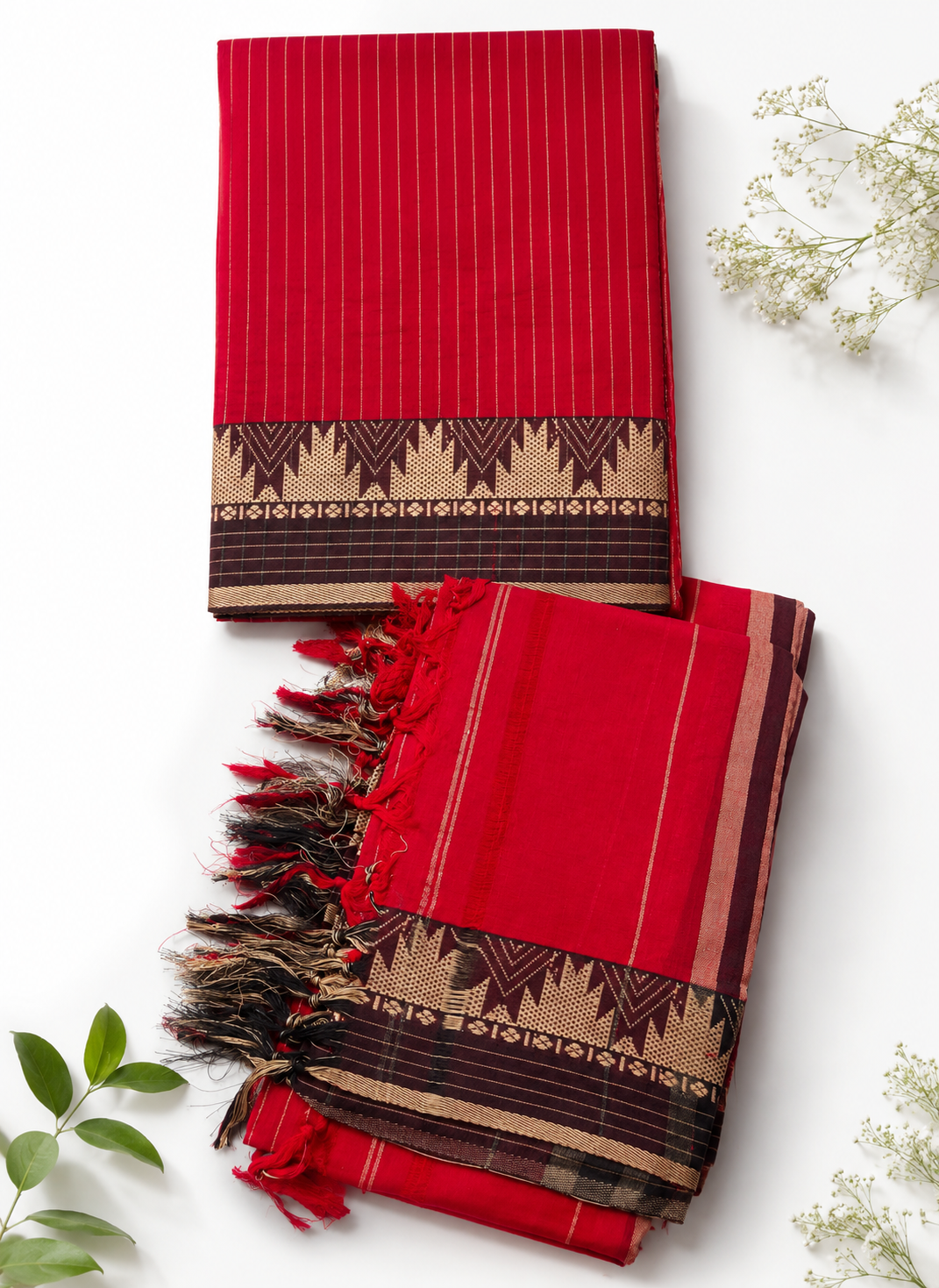 Traditional Wear Narayanpet Mercerised Cotton Dress Material with Cherry Red Colour | Woven Border