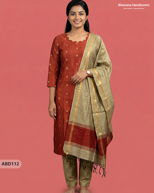 Raw Silk 3-Piece Kurti Set with Cut Work Neck Design in Orange Colour | Full-Length Lined Kurti with Gold Dupatta