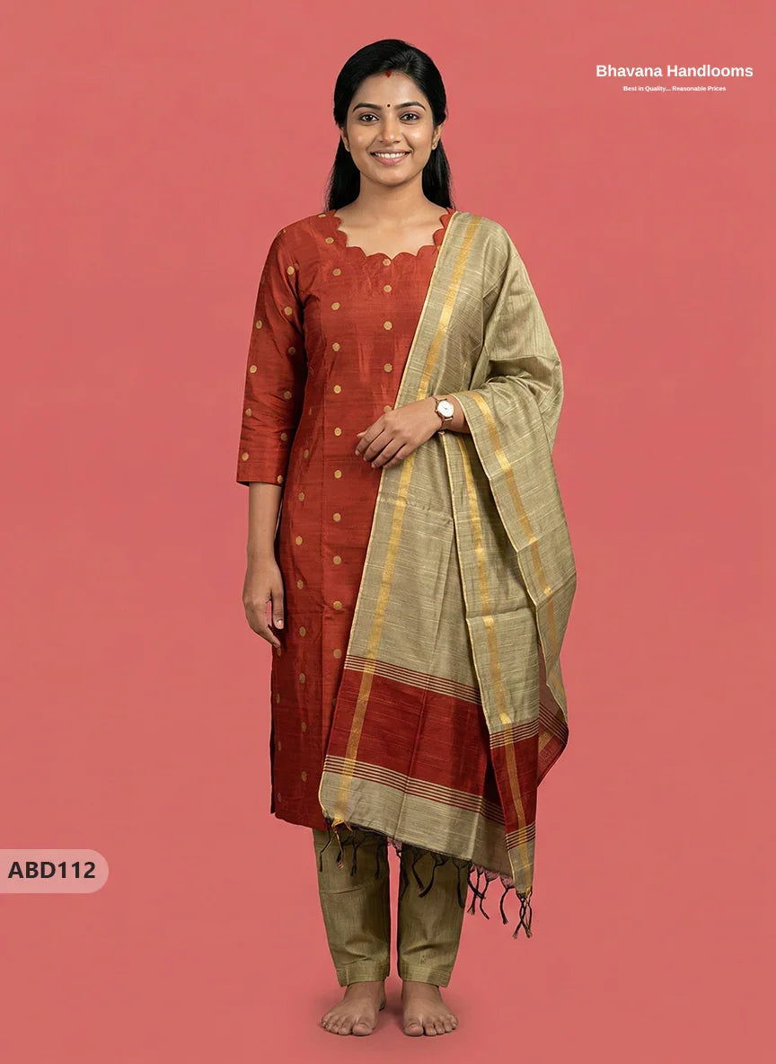 Raw Silk 3-Piece Kurti Set with Cut Work Neck Design in Orange Colour | Full-Length Lined Kurti with Gold Dupatta