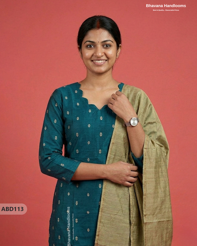 Raw Silk 3-Piece Kurti Set with Cut Work Neck Design in Dark Green Colour | Full-Length Lined Kurti with Gold Dupatta