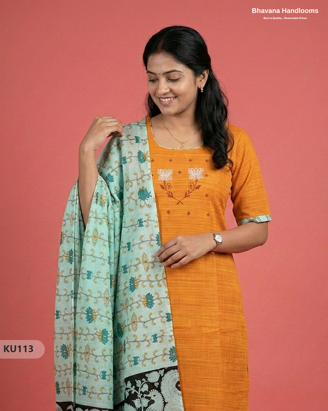 Embroidered Kurti Set (3PC) with Yellow | Full Length Lining | Traditional Style