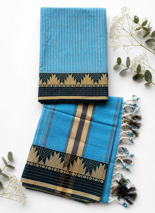 Traditional Wear Narayanpet Mercerised Cotton Dress Material with Sky Blue Colour | Woven Border