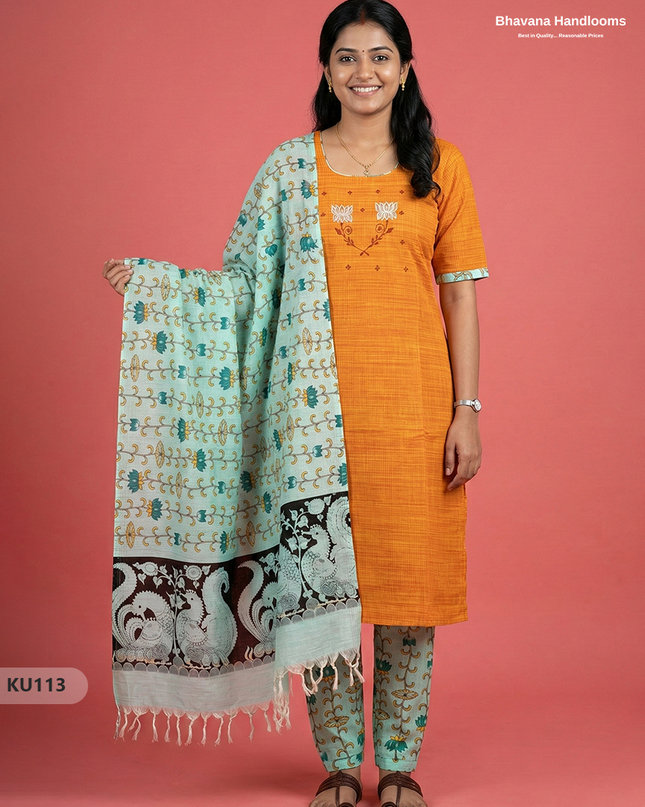 Embroidered Kurti Set (3PC) with Yellow | Full Length Lining | Traditional Style