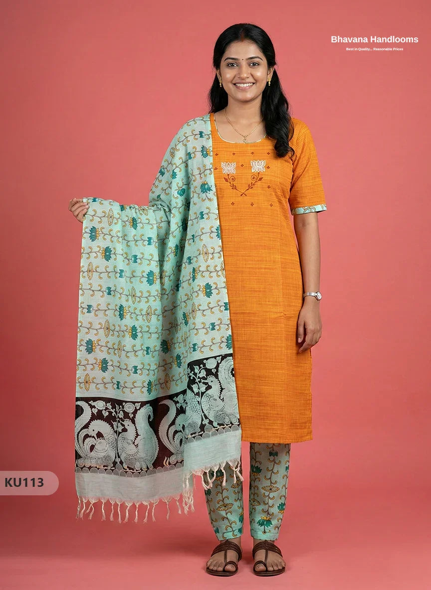Embroidered Kurti Set (3PC) with Yellow | Full Length Lining | Traditional Style