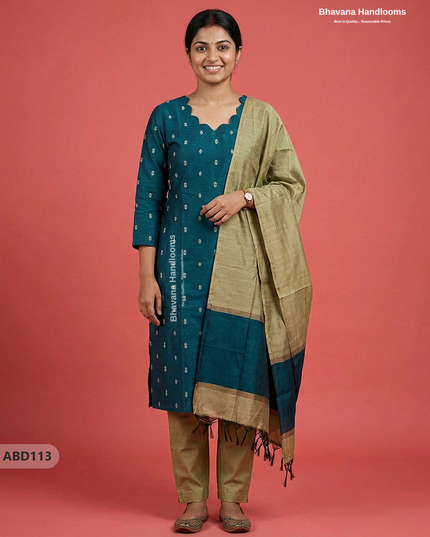 Raw Silk 3-Piece Kurti Set with Cut Work Neck Design in Dark Green Colour | Full-Length Lined Kurti with Gold Dupatta