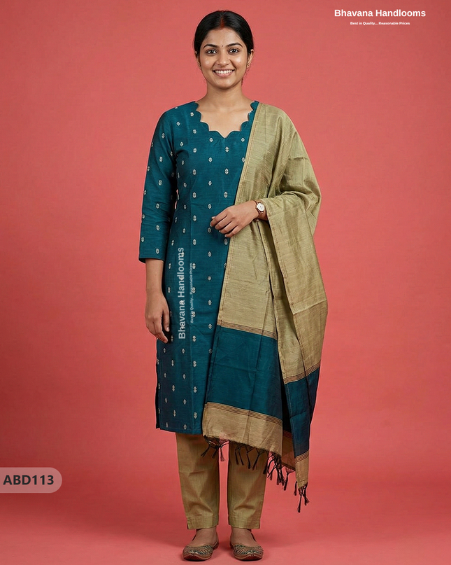 Raw Silk 3-Piece Kurti Set with Cut Work Neck Design in Dark Green Colour | Full-Length Lined Kurti with Gold Dupatta