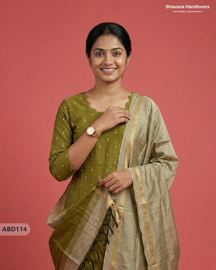 Raw Silk 3-Piece Kurti Set with Cut Work Neck Design in Green Colour | Full-Length Lined Kurti with Gold Dupatta