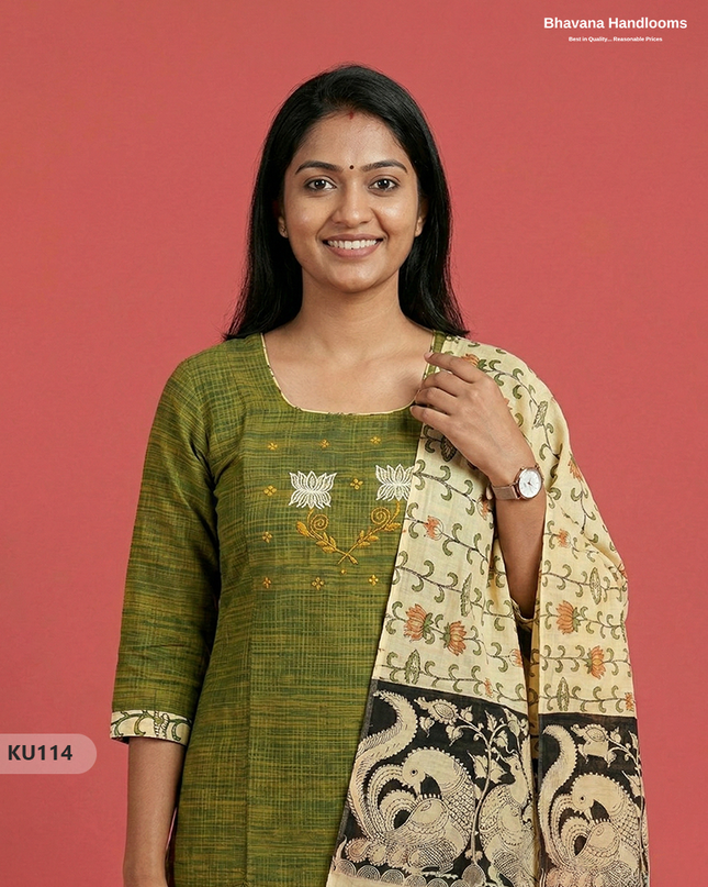 Embroidered Kurti Set (3PC) with Green | Full Length Lining | Traditional Style