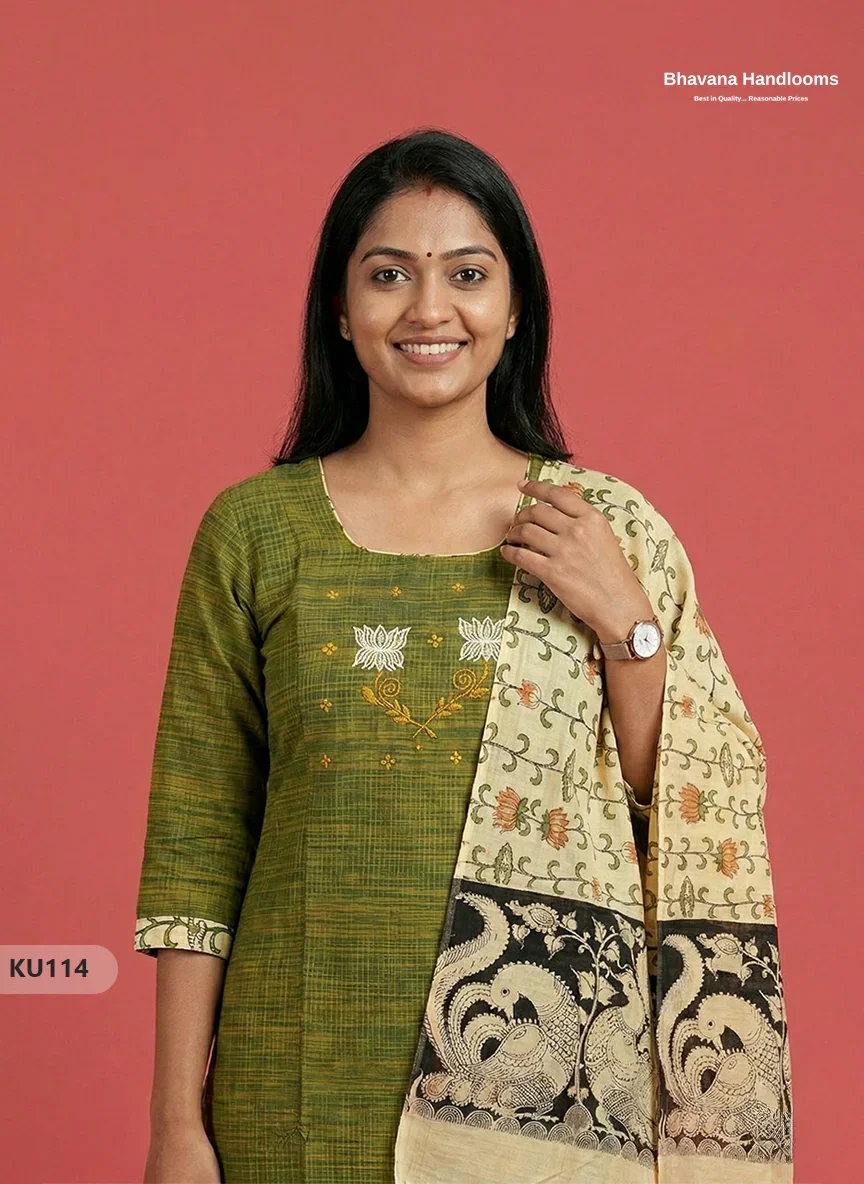 Embroidered Kurti Set (3PC) with Green | Full Length Lining | Traditional Style
