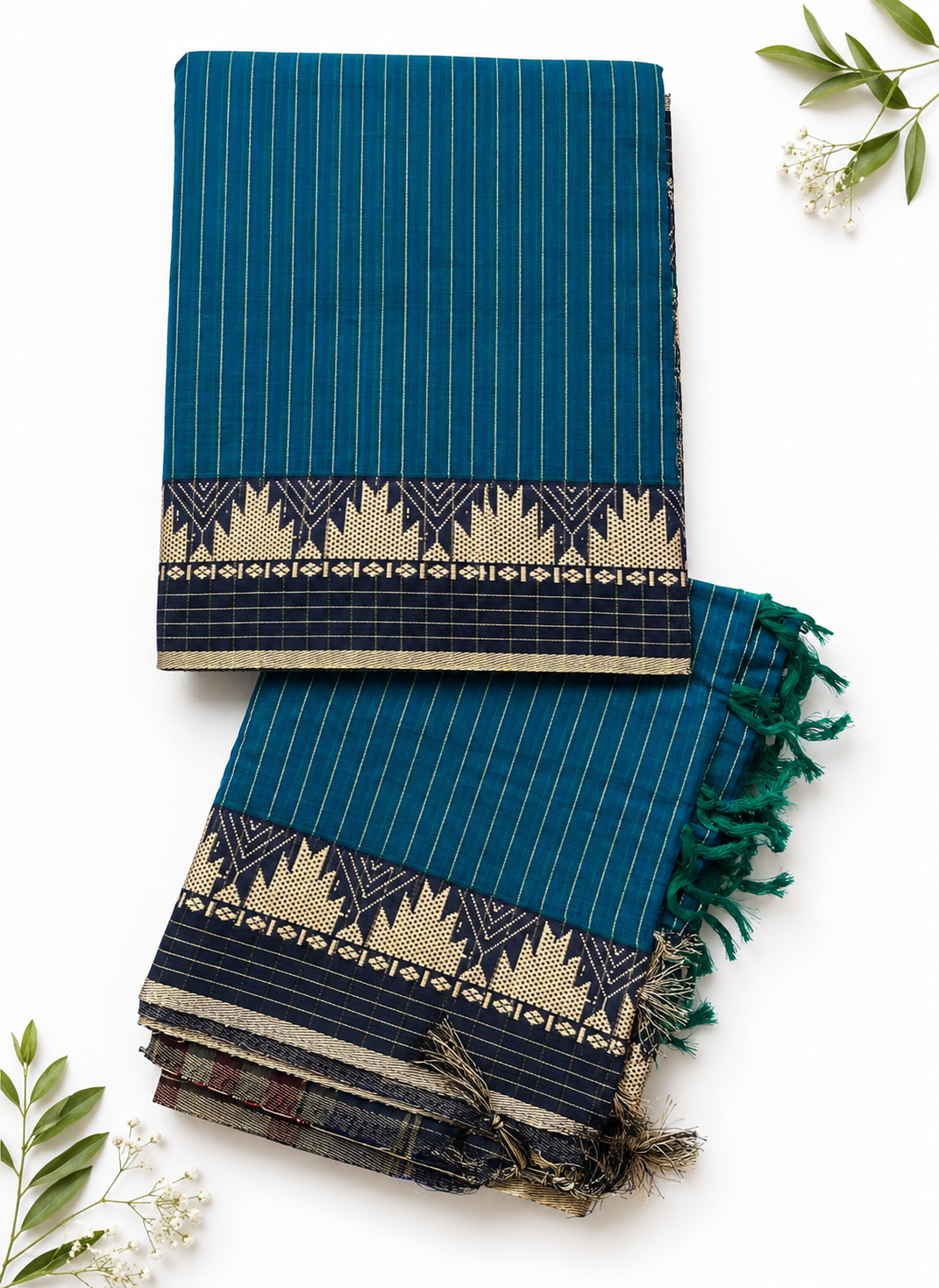 Traditional Wear Narayanpet Mercerised Cotton Dress Material with Peacock Blue Colour | Woven Border
