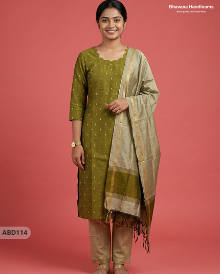 Raw Silk 3-Piece Kurti Set with Cut Work Neck Design in Green Colour | Full-Length Lined Kurti with Gold Dupatta