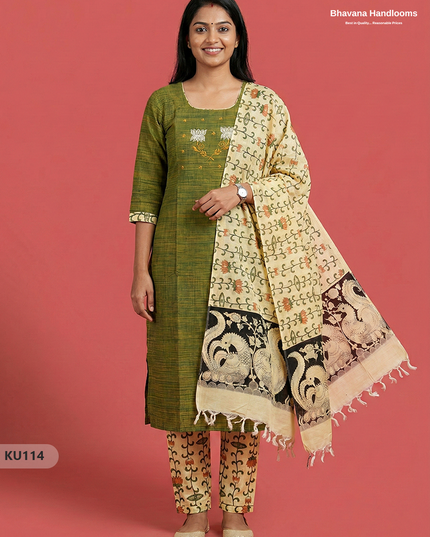 Embroidered Kurti Set (3PC) with Green | Full Length Lining | Traditional Style