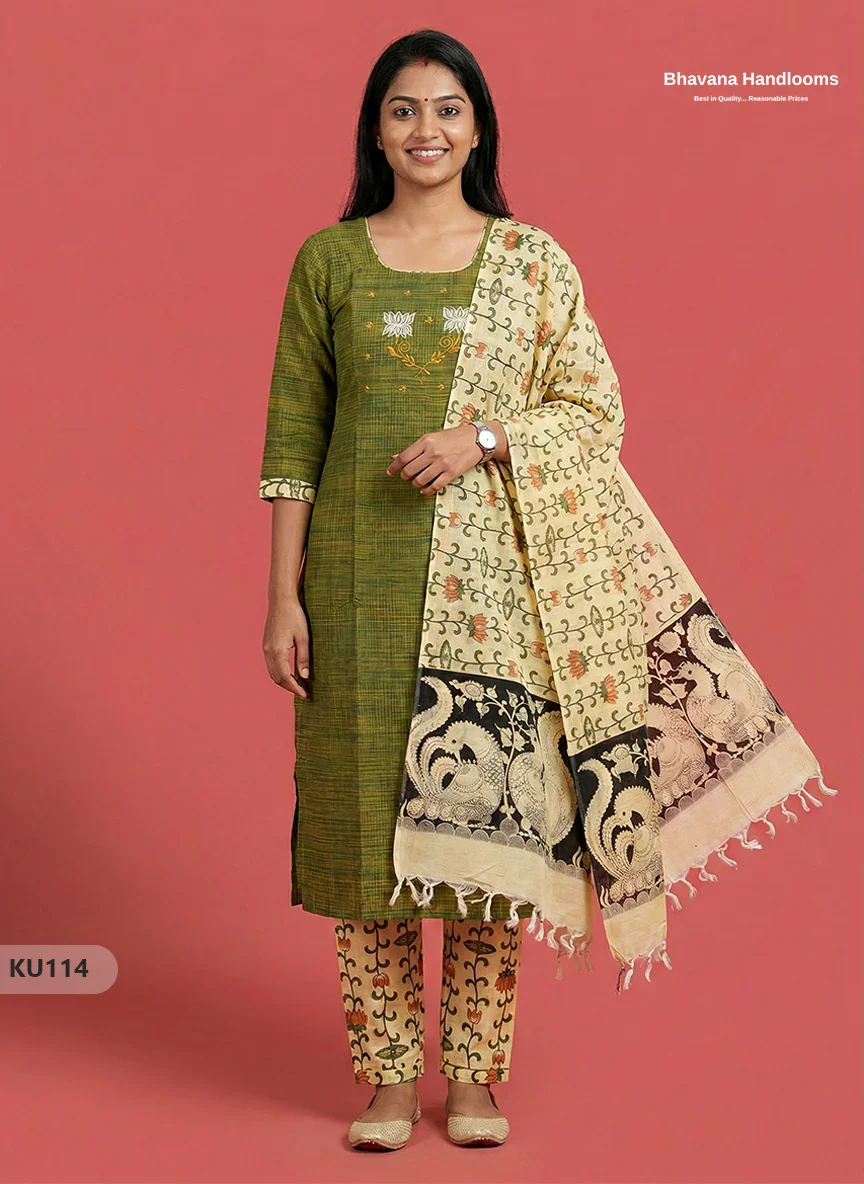 Embroidered Kurti Set (3PC) with Green | Full Length Lining | Traditional Style