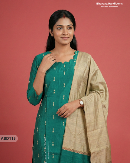Raw Silk 3-Piece Kurti Set with Cut Work Neck Design in Green Colour | Full-Length Lined Kurti with Gold Dupatta