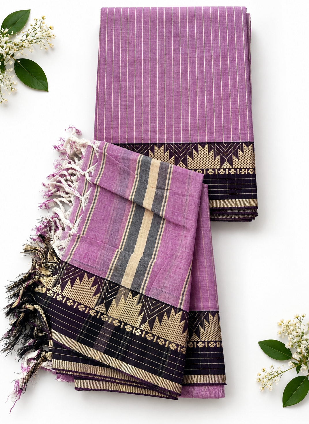 Traditional Narayanpet Mercerised Cotton Dress Material in Lavender Purple | Black & Gold Woven Border