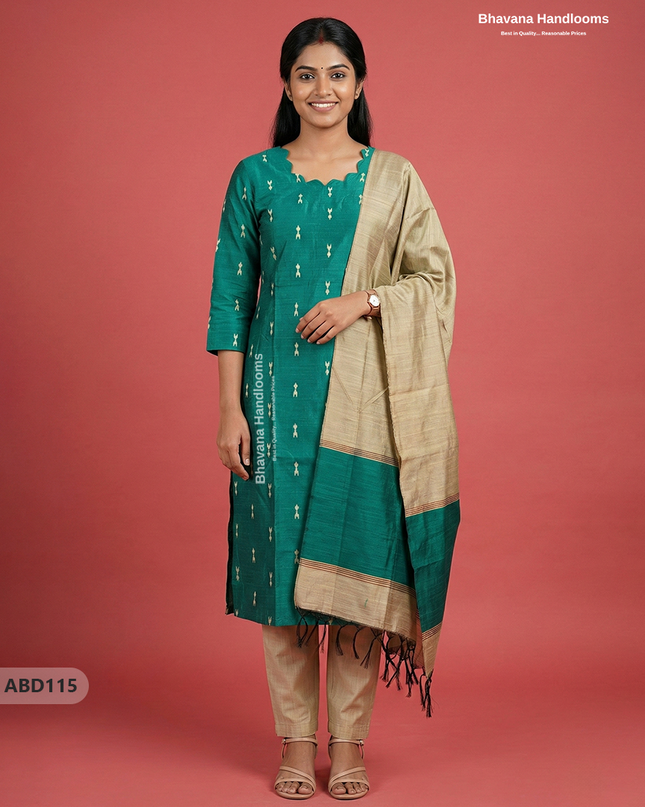 Raw Silk 3-Piece Kurti Set with Cut Work Neck Design in Green Colour | Full-Length Lined Kurti with Gold Dupatta