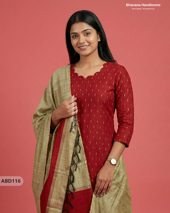 Raw Silk 3-Piece Kurti Set with Cut Work Neck Design in Red Colour | Full-Length Lined Kurti with Gold Dupatta