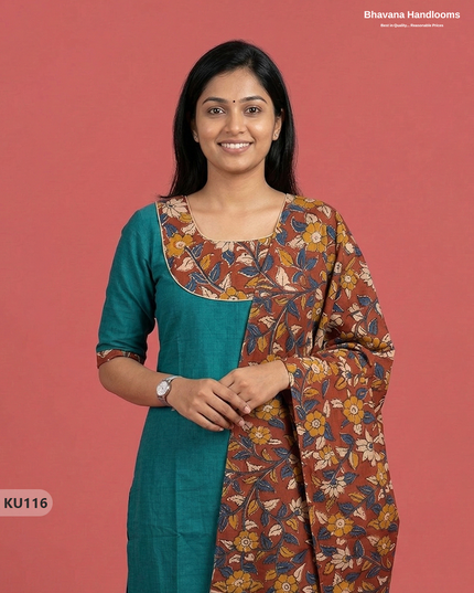 Kalamkari Design Cotton 3pc Kurti Set with Sea Green colour | Ready-to-Wear