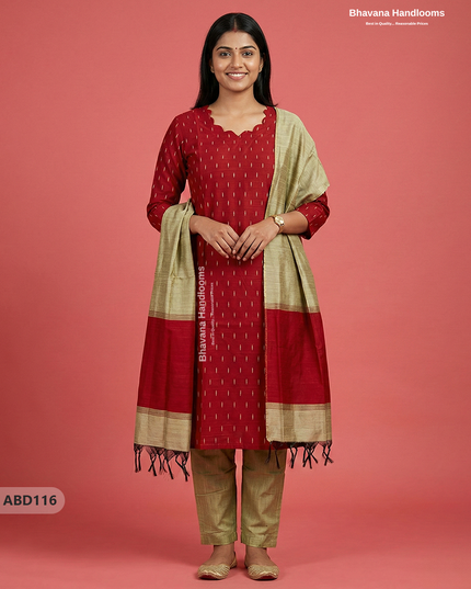 Raw Silk 3-Piece Kurti Set with Cut Work Neck Design in Red Colour | Full-Length Lined Kurti with Gold Dupatta