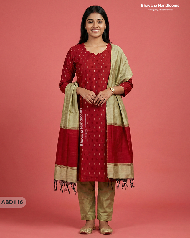 Raw Silk 3-Piece Kurti Set with Cut Work Neck Design in Red Colour | Full-Length Lined Kurti with Gold Dupatta
