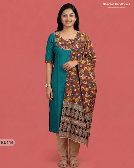 Kalamkari Design Cotton 3pc Kurti Set with Sea Green colour | Ready-to-Wear